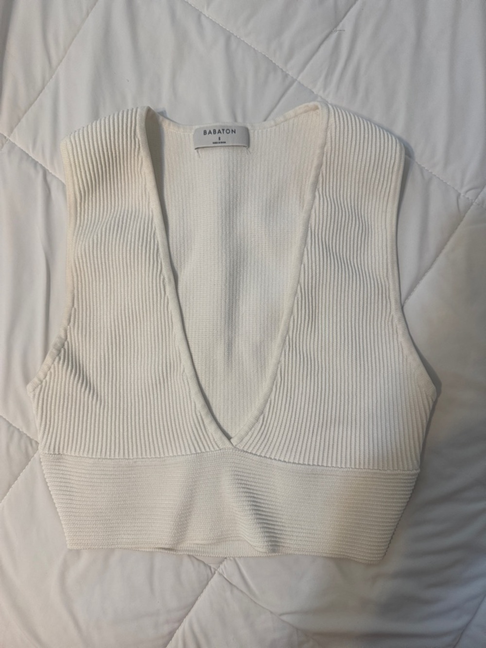 Babaton Off-White Ribbed Deep V Knit Tank